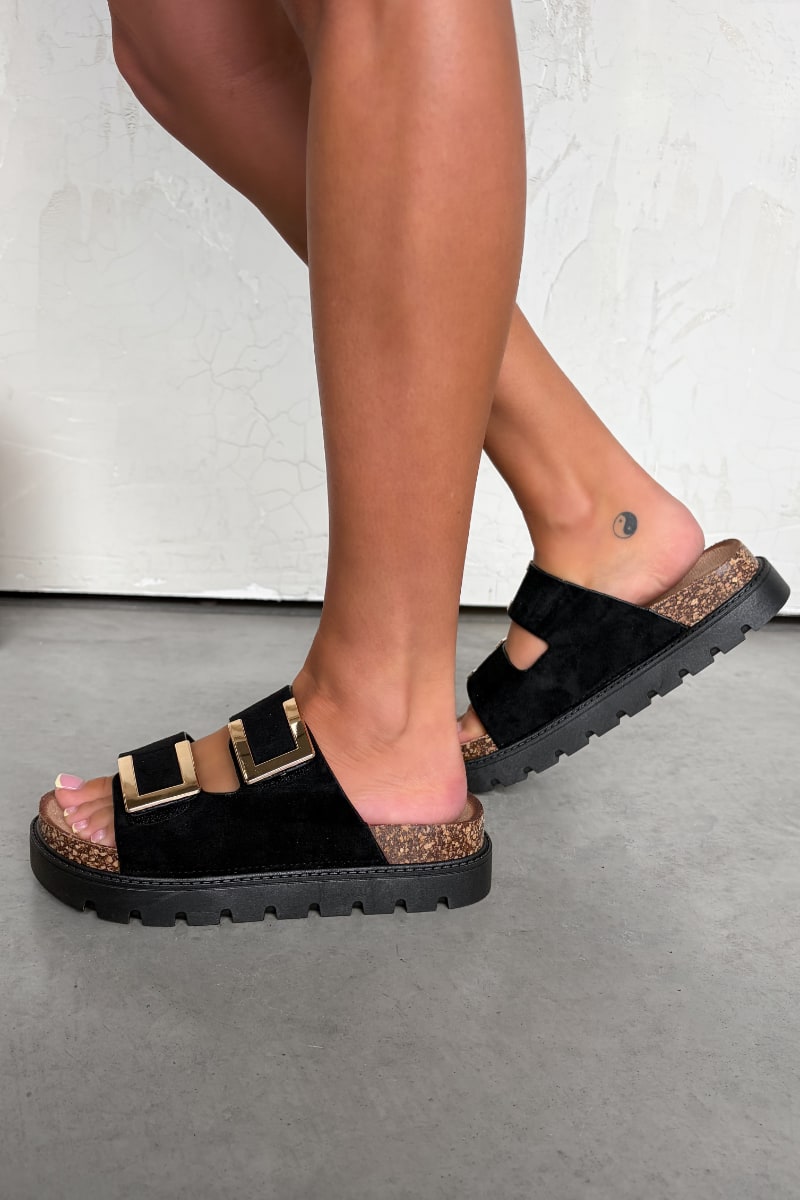 Sandalias Diana con Hebilla Dorada - Negro