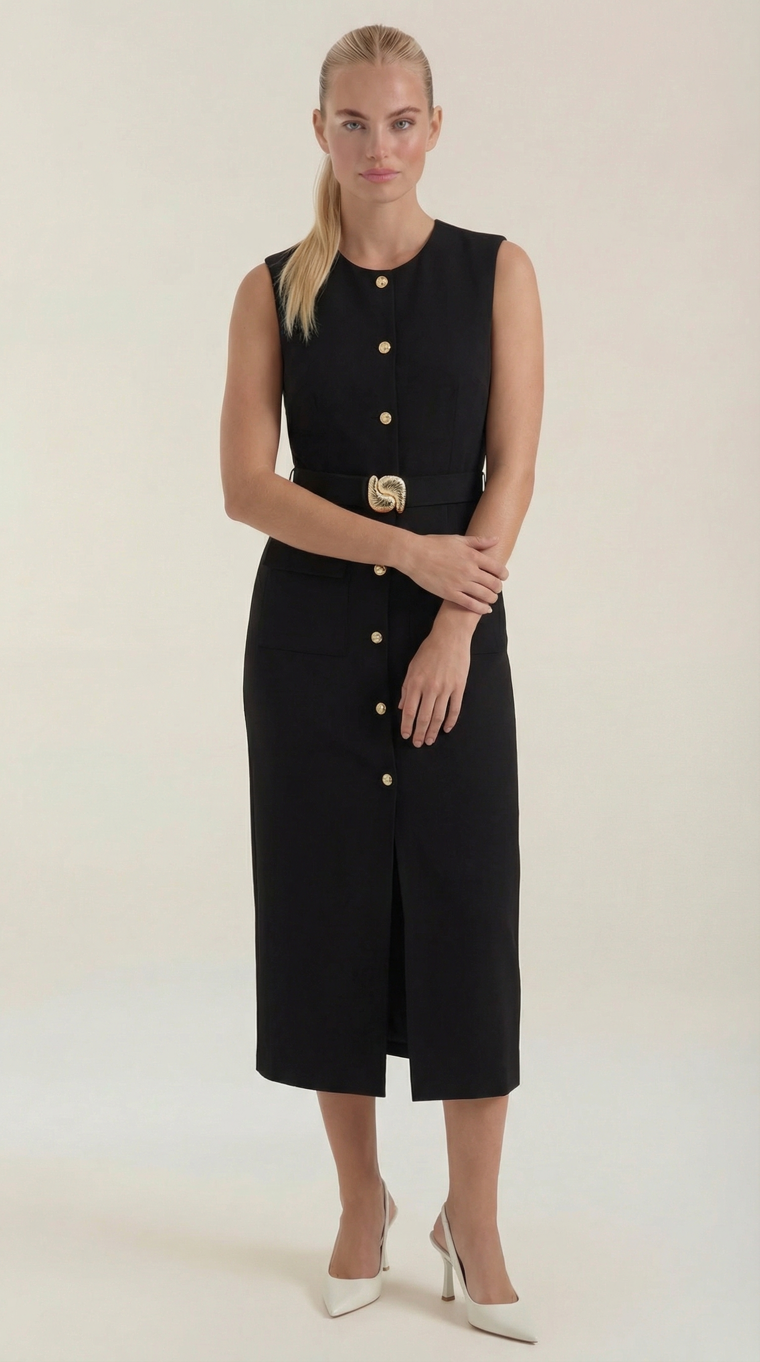 Vestido Midi Arlene con Botones Dorados