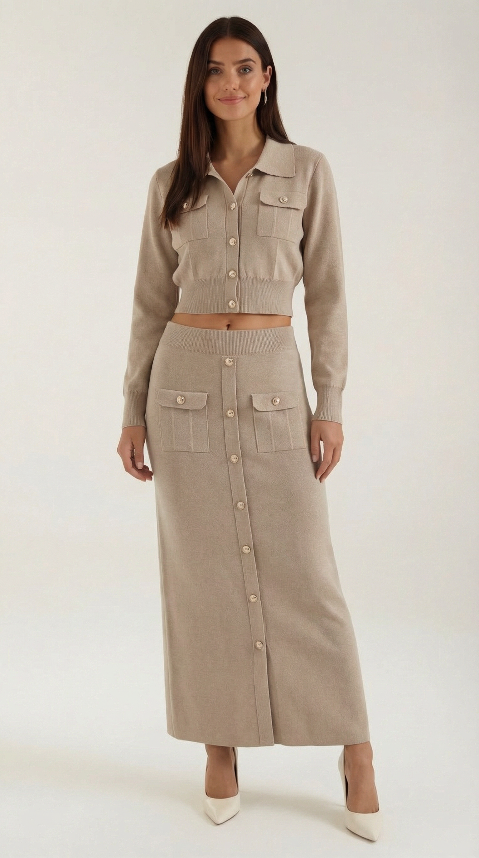 Conjunto Evelyn de Punto con Chaqueta y Falda Maxi