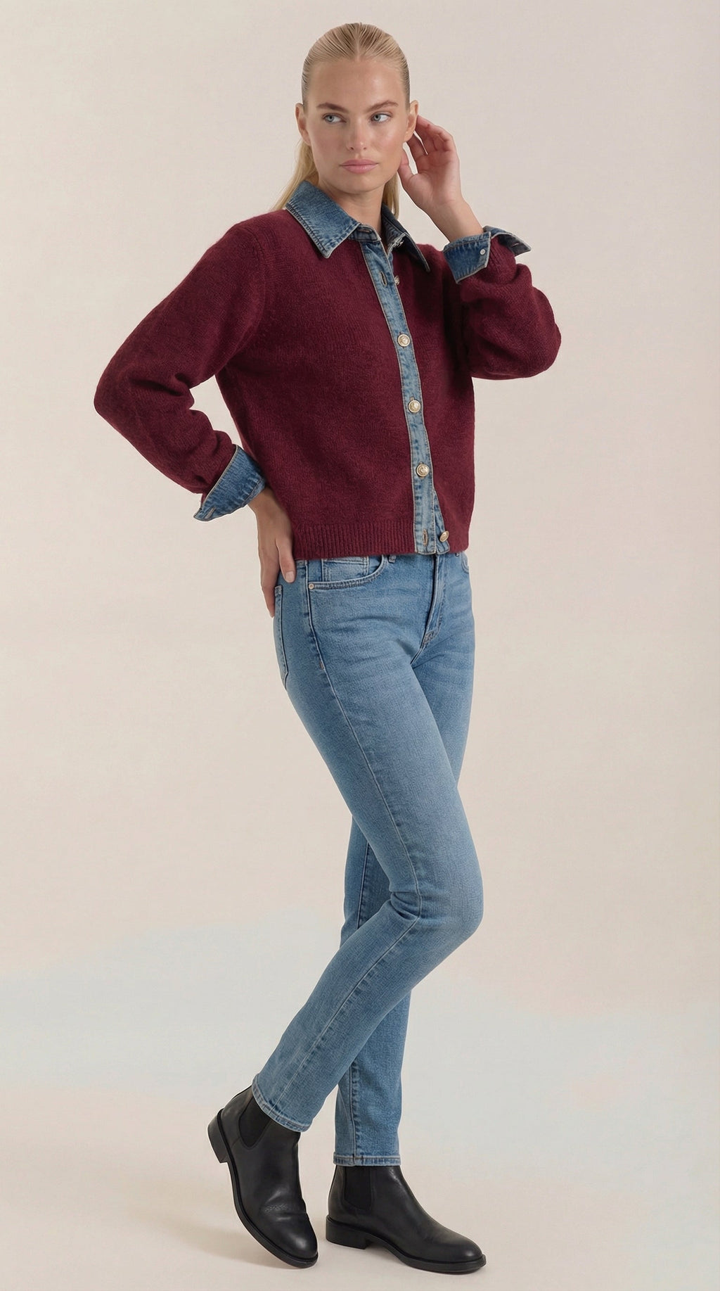 Cárdigan Jody de Punto con Cuello Denim