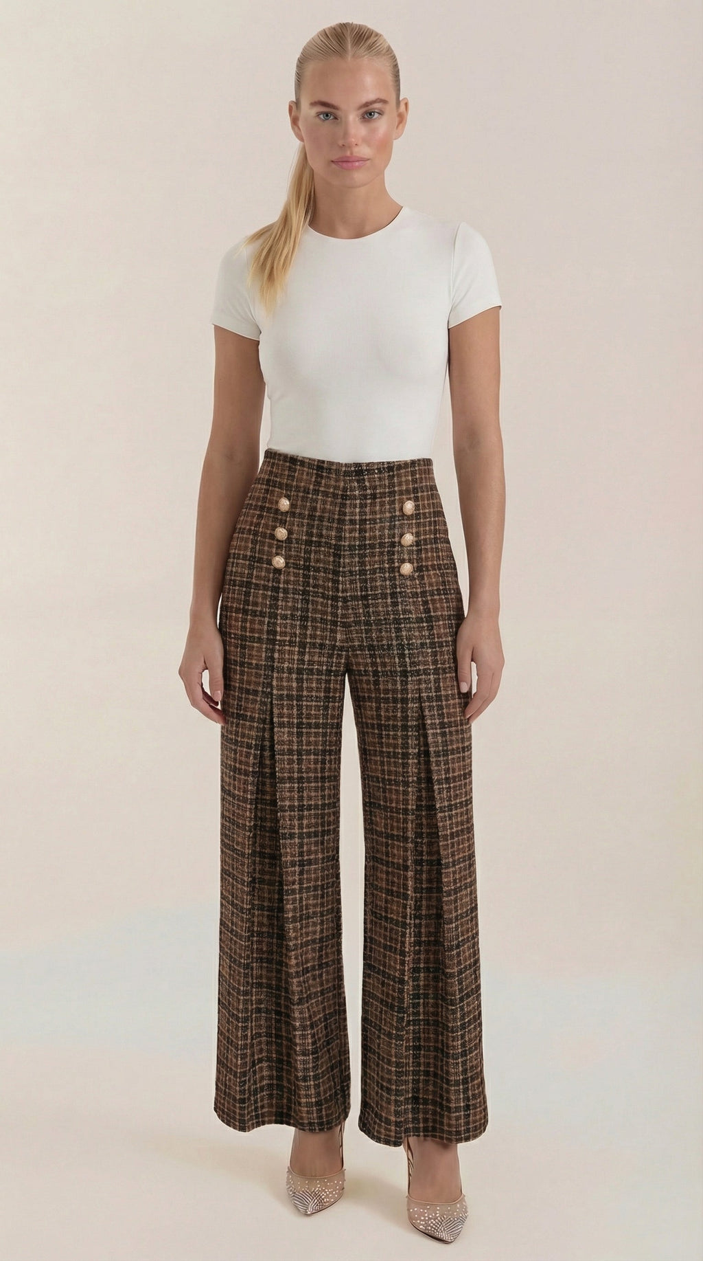 Pantalón Naomi de Cuadros en Tejido Tipo Tweed