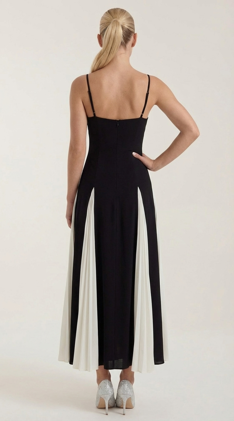 Vestido Midi Goldie con Falda Plisada Bicolor